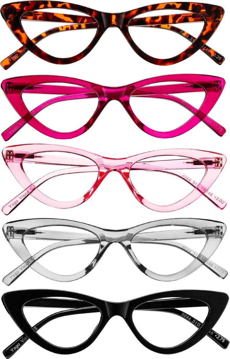Yogo Vision قارئات نظارات القراءة يوجو فيجن للنساء، نظارات كاتي وإطار مفصلي زنبركي فاتح، مجموعة من 5 قطع: أسود، رمادي، وردي. وردي فاقع، بني هافانا 2.25 - Image 5